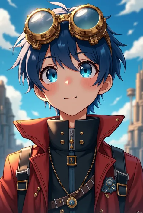 Make a man.
    The boy has blue eyes and steampunk glasses on his head..
    Have creative freedom and invent an outfit for him.
  Make it in anime style.