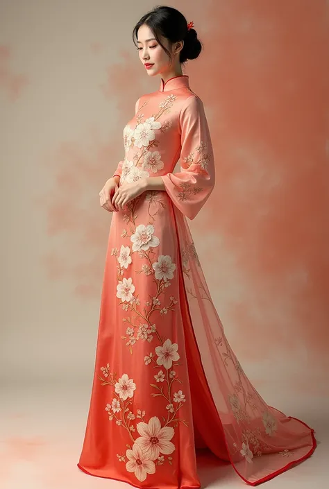 I want to design a Vietnamese ao dai with random colors. The ao dai is printed with realistic embroidered apricot blossoms.. Set in a studio