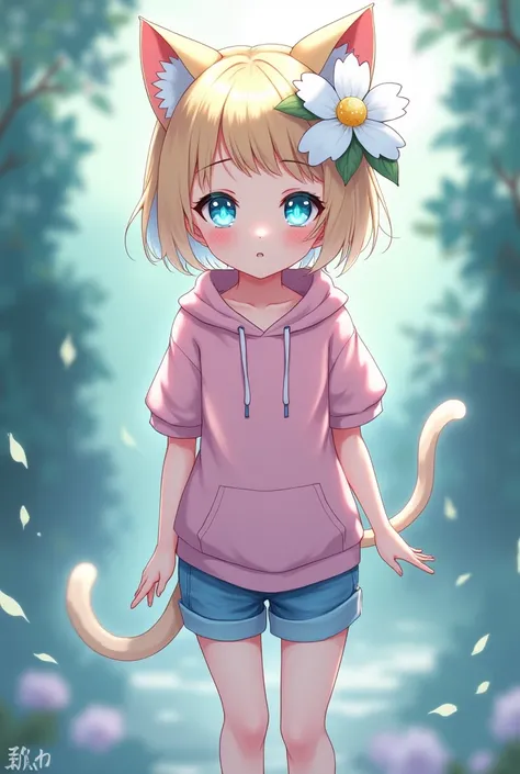 Cat ear girl、Mystical illustration、Shining eyes、Plain pink short sleeve hoodie(No print)、、masterpiece, high quality, ((Detailed aspect)), (1 girl:2.0), Blonde Hair、Very Short Hair、Cat ears of the same color as hair、(Plain pink short sleeve hoodie:2.0)、Shor...