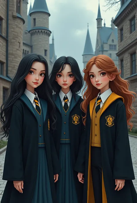 Four girls at Hogwarts, two in black clothes with blue details, one with black hair, the other with brown hair. The other two are wearing black clothes with yellow details., one has black hair, the other one has brown hair.