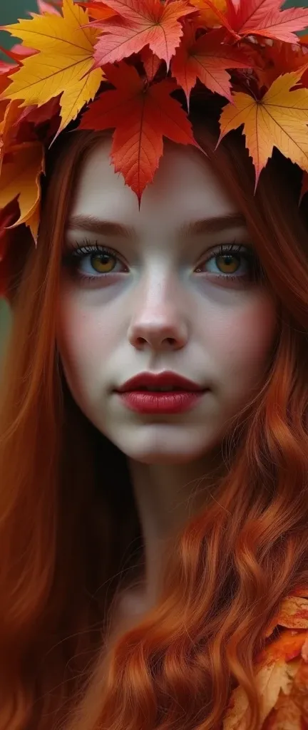 magnificent, charming gothic girl with angelic face, close up. with huge amber eyes (the light is reflected in her eyes) She looks at me coquettishly, smiling shyly,very long dark eyelashes cast shadows on the cheeks, Voluminous long red wavy hair flows do...