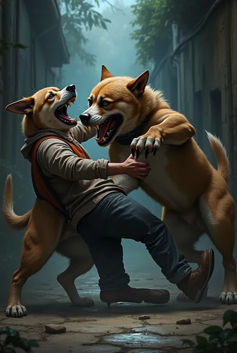 Guard dog biting a thief&#39;s arm and another dog biting his leg