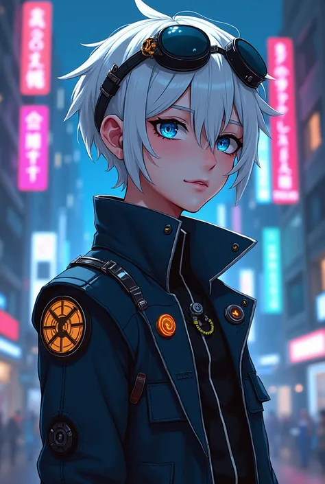 Make a man with white hair.
    The boy has blue eyes and steampunk glasses on his head..
    Have creative freedom and invent an outfit for him.
  Make it in cyberpunk anime style.