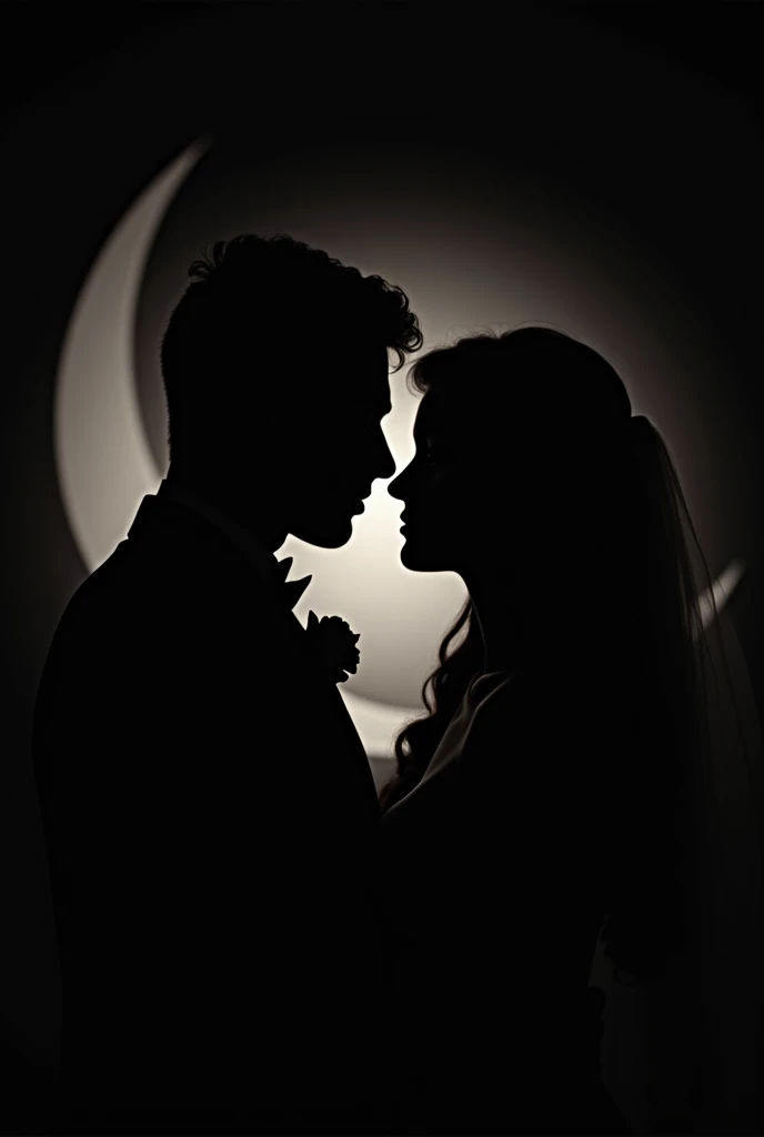 black image, Silhouette of a wedding with a crescent moon frame on the left, only the faces. No landscape and no grayscale
