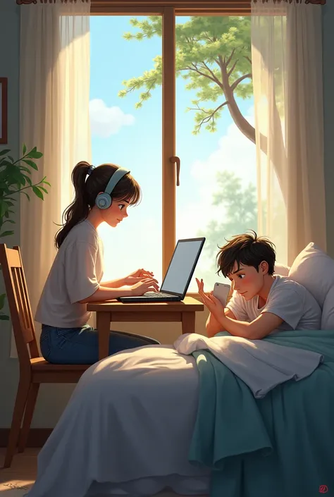 A girl is sitting in her cozy airy bedroom, the window is open with a view of the wind and trees outside. She was sitting at the table and texting on her laptop.. She wears a headset. A man is lying on the bed, he is lying and texting on his phone.  