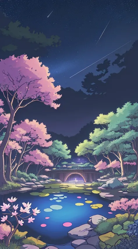 "Anime nature wallpaper of a lively forest clearing with colorful flowers, animated trees, and a crystal-clear pond reflecting the night sky. Warm, festive colors with stars twinkling, creating a magical and joyous atmosphere."