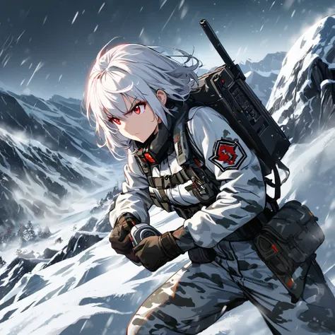 1 girl, short white hair, red eyes,white camouflage,komkylage,fighting stance,dark room, holds the radio on his chest, somewhere in the heavily snow-covered mountains, Severe snowstorm,small details