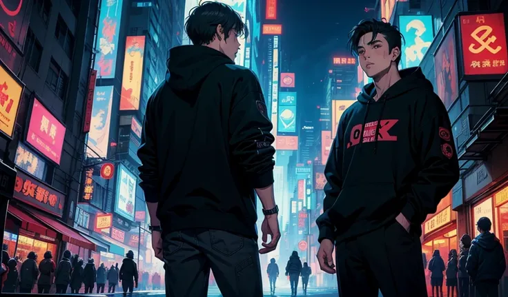 (Top quality)(masterpiece)(Very delicate writing)
(80s style anime),Cyberpunk World.nitecity,One cool guy,Muscular,
,All-black,Hoodie,model pause,