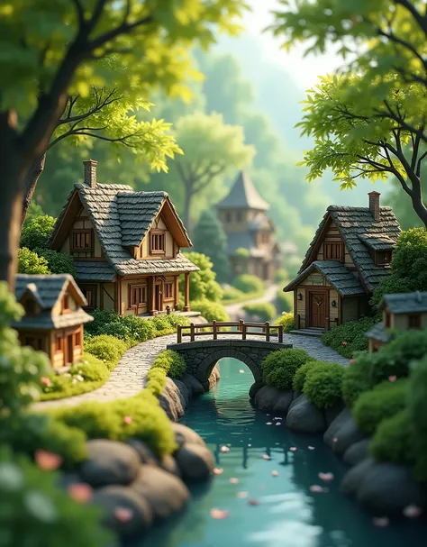 miniature, digital art, cinematic compose, a peaceful tiny village under glovers, many small houses cover by the greens, ray of sunlight, small stone road, small river with flower petals flowing, small bridge