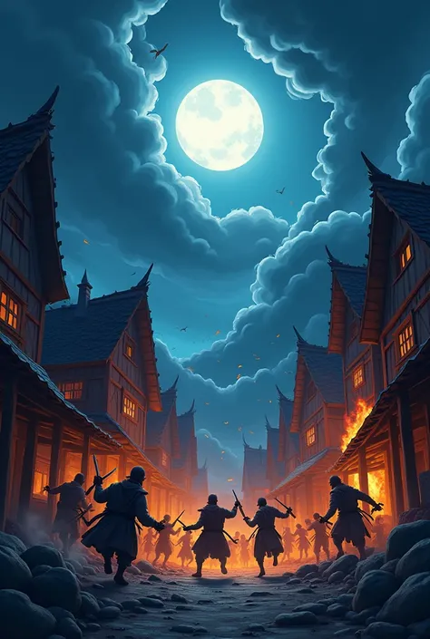 In cinematic 3D cartoon style "A dramatic night scene with dark, ominous clouds and a full moon. Fierce-looking bandits are attacking the village, causing chaos and destruction. The village houses are being ransacked, and frightened villagers are trying to...