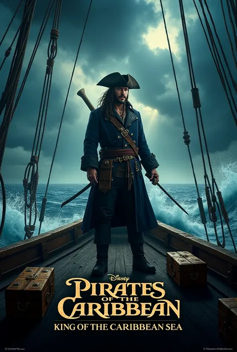 Design a captivating movie poster titled Pirates of the Caribbean: King of the Caribbean Sea. The poster should feature a fierce pirate captain standing at the helm of a ship, with stormy seas and lightning in the background. The captain is dressed in a ta...