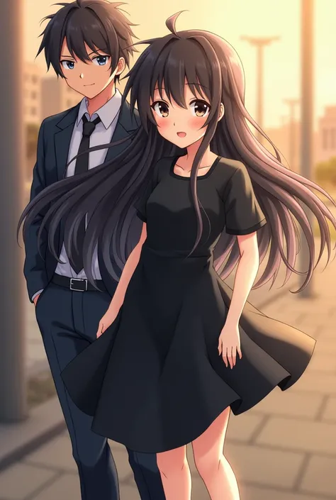 an anime girl with black hair i black eyes i the girl&#39;s skin color i smiling with black clothes i black hair i at the same time gray i a dress with long hair i just a little spiky i the girl next to Tomioka Giyu 
