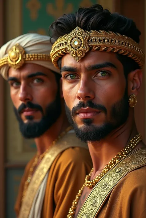 Arabian men, light brown skin, greens  eyes, golden jewellery, 