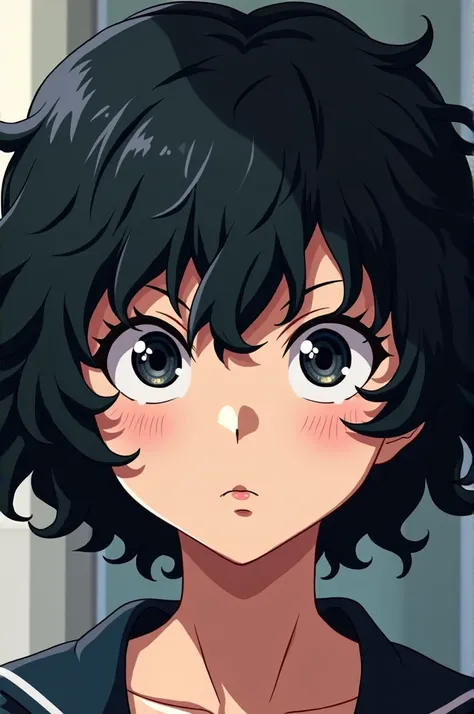 girl with curly hair, black hair, black eyes, with expression mark in her eyes, boku no hero 