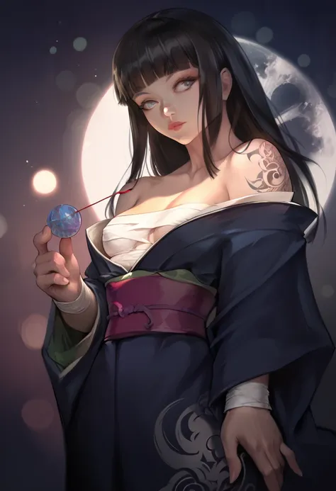 score_9, score_8_up, score_7_up, score_6_up, 1girl, asian, kimono, off the shoulder, bandaged chest, tattoos on arm, blunt bangs...