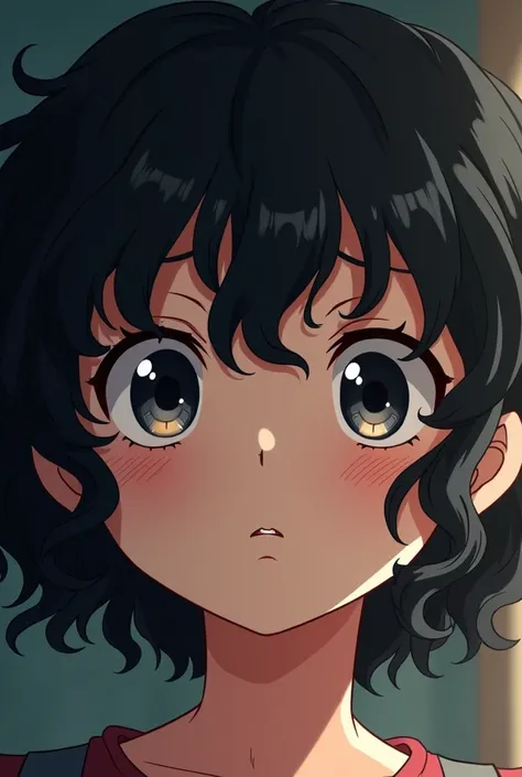 girl with curly hair, black hair, black eyes, with expression mark in her eyes, boku no hero style