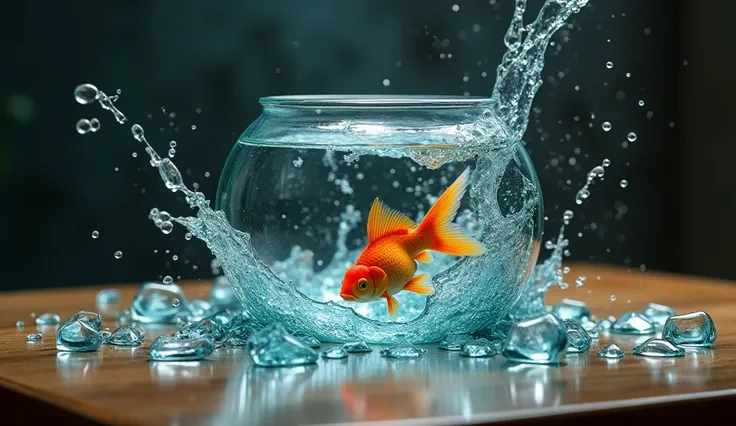 Water is spilling from a broken goldfish bowl