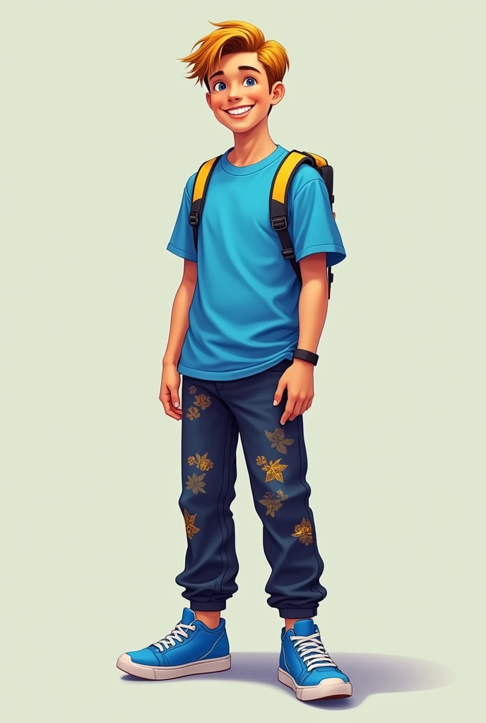 Yellow man with short hair blue t-shirt blue sneakers yellow and dark blue pants 