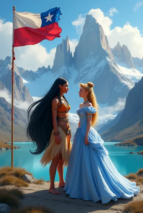 Pocahontas and Cinderella, in the towers of paine chile.  With the Chilean flag waving