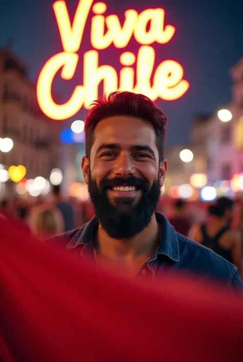 closeup of A man, handsome, looking forward, looking at camera, smiling, with long black beard, short hair, casual clothes, carrying the flag of Chile and standing in a square with fireworks. in the sky it is written viva chile. clear image, its daytime.