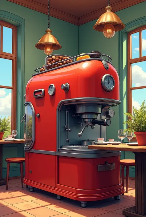 Une machine à café dans une jolie salle à manger. Elle serait de couleur rouge rubis. Elle serait très grosse de style professionnel dans un style graphique. Bande dessinée française 2D. Les coups de crayon doivent être extrêmement détaillés. Les couleurs ...