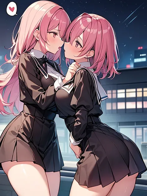 ((2girl),(yuri),(kiss),(Stare deeply into each others eyes)), (illustration), (masterpiece,best quality,high-resolution,detailed fingers,detailed hands,detailed eyes,detailed legs:1.5), (Anatomically correct number of limbs),  (long hair,short hair,pink an...