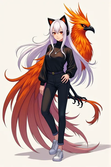 female character, white hair with orange streak. Pet phoenix. Black blouse with lilac detail, black pants, white sneakers. Cat Ear Headphones.