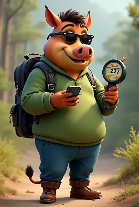 Pumba the warthog with sunglasses, long-sleeved green shirt, blue pants with brown boots, black backpack with cell phone in hand checking a gas meter 