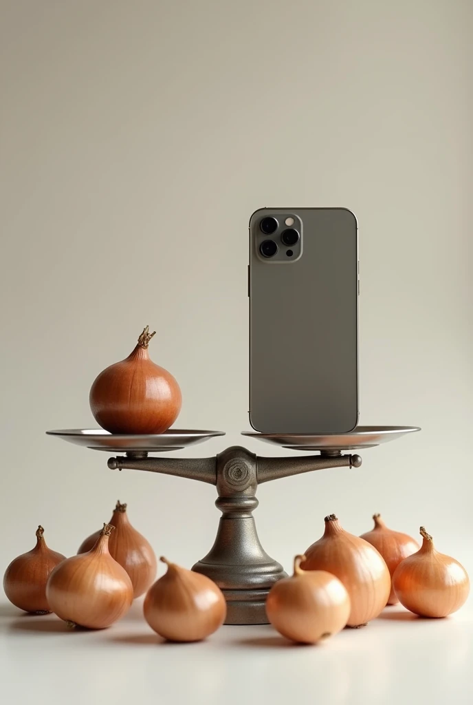 Create a realistic picture with no background of an onion and iPhone in a weighing scale who both weigh the same. It should be separate scale because you are comparing them both. Use many onions. 