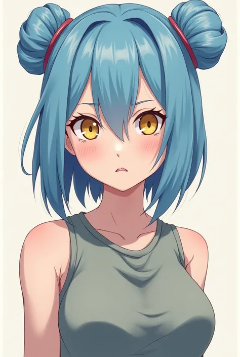 Create an illustration of a female Naruto character with short straight blue hair with two buns, angelic face in contrast to her strong personality, with big round yellow eyes, thin with few feminine attributes 