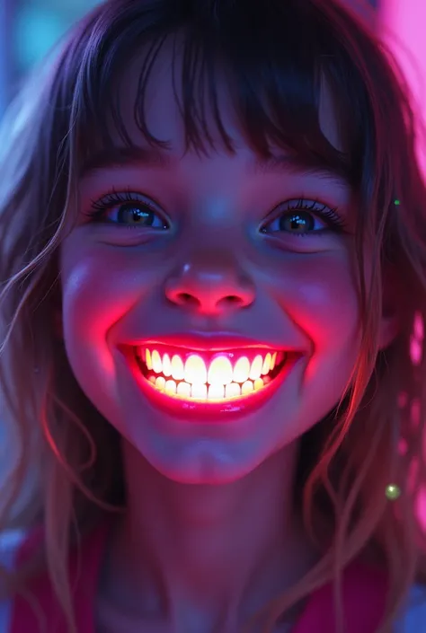 Girl smiling and her teeth are neon colored