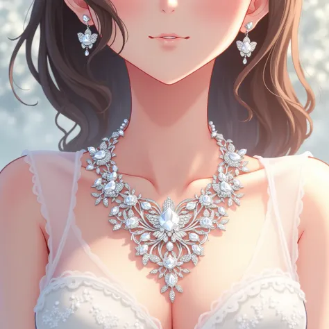 A detailed and elegant jewelry collection to complement an anime wedding dress. The jewelry set includes a sparkling crystal necklace with intricate lace patterns, delicate butterfly earrings with shimmering accents, and a bracelet adorned with small cryst...