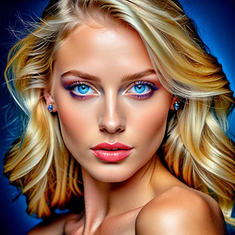 A beautiful blonde woman with striking blue eyes, detailed flawless face, elite model features, masterpiece, ultra-detailed, 8k, HDR, cinematic lighting, photorealistic, vibrant colors, soft skin, high-fashion, elegant pose, serene expression