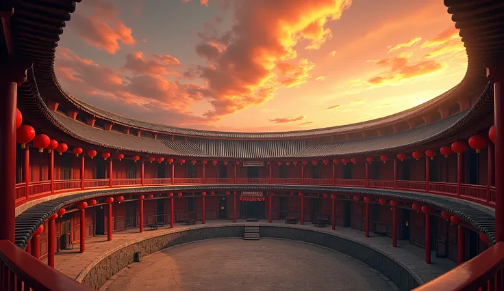 **Traditional Chinese Tulou with a Dramatic Sky** This captivating image features a traditional Chinese tulou, an ancient earth building. The structure is circular with multiple stories, adorned with red lanterns and intricately designed wooden railings. T...