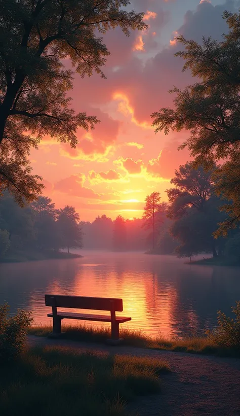 A park with trees and a bench with a beautiful sunset without any people and a lake. 