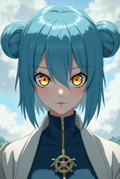 Create an illustration of a female Naruto character with short straight blue hair with two buns, angelic face in contrast to her strong personality, with big round yellow eyes, thin with few feminine attributes, with almost no feminine attributes 