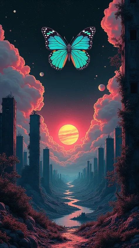 Surrealism，Psychedelic，Apocalyptic sense，retro tone，Old feeling，aesthetics，Sense of brokenness，God&#39;s Perspective，Ruined viaduct and high-rise buildings，A beautiful vine with strange black flowers，Huge butterfly，The sky is black，There is a planet with r...