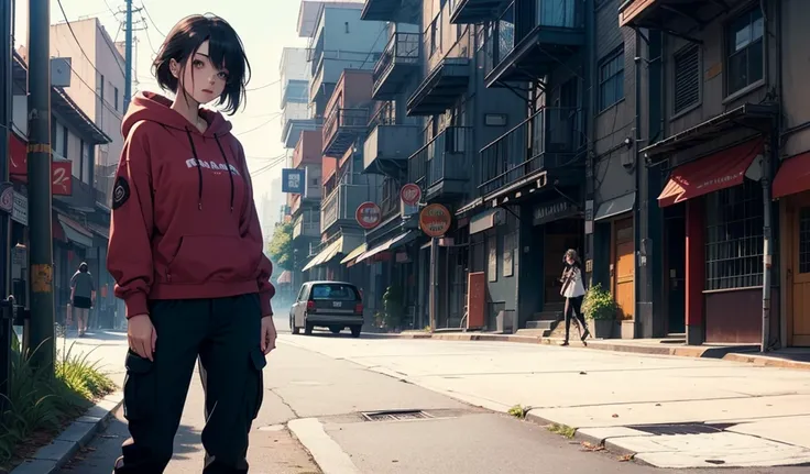 (Top quality)(masterpiece)(Very delicate writing)
(80s style anime)
Factory area,,A cool woman,Muscular,Hoodie,black cargo pants, 