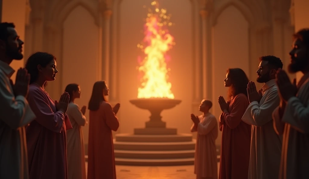 The community in prayer, with hands raised, and a symbolic spiritual flame shining in the center of the room, representing the power of the Holy Spirit. The flame is soft but intense, full of brilliant colors. 8k