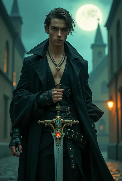 Portrait of a young man with jade green eyes and short, straight hair. He wears a black trench coat with sleeves intentionally cut off at the shoulders, revealing his muscular arms. His attire is reminiscent of a classic vampire hunter, featuring leather a...