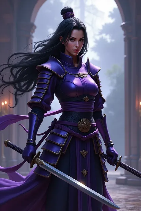 woman, wearing purple armor, carrying two swords, black hair, wearing a samurai hat