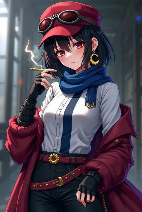 A girl wearing an aviator hat The color of the hat is wine red Her hair is black There is wine red mesh in her hair Short hair She has one gear-shaped piercing in her right ear Her eyes are wine red She is wearing a long-sleeved dress shirt that is white w...