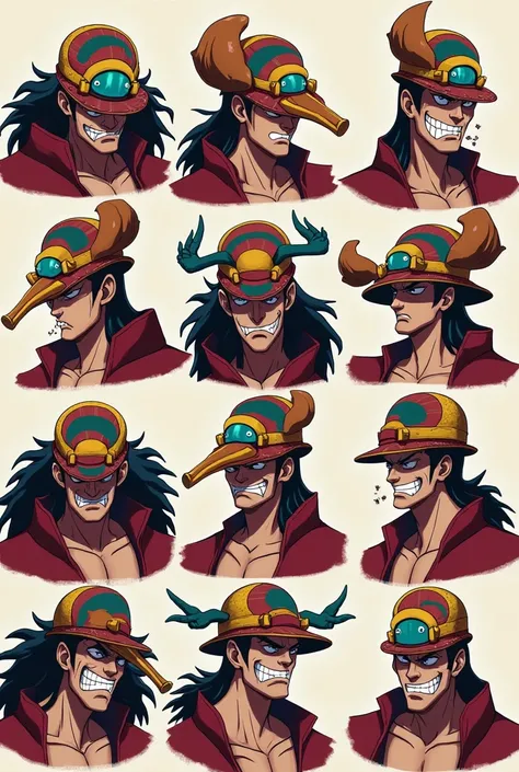 Make a tile set of the Anime One Piece character called Soge King in different positions and expressions 