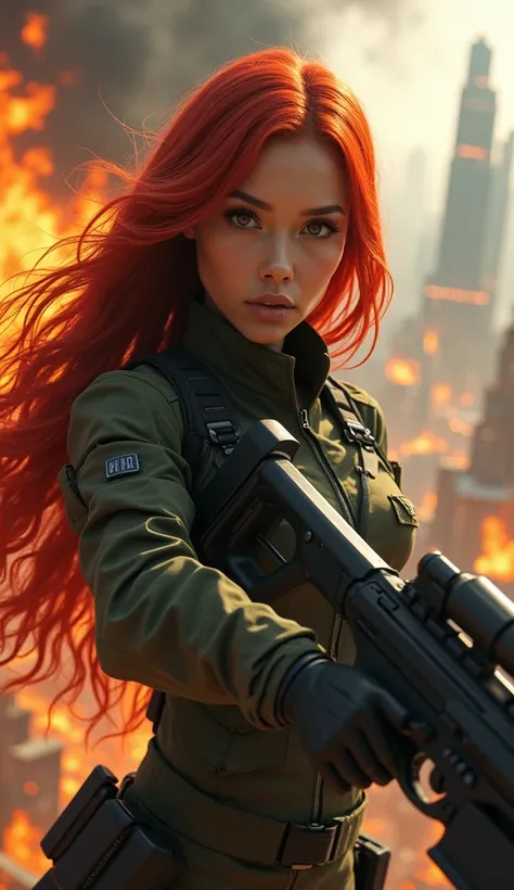 a beautiful woman with red hair, wearing futuristic military tight clothes, holding a futuristic weapon, in the background a city in flames, intricate details, (best quality,4k,8k,highres,masterpiece:1.2),ultra-detailed,(realistic,photorealistic,photo-real...