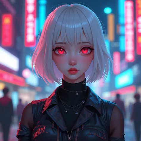 girl,pale skin,White bob, red eyes, Beautiful face, seoul at night, Cyberpunk 스타일로,Japanese streetwear,Tokyo Fashion,Cyberpunk, Fashion Illustration, (((whole body))), front