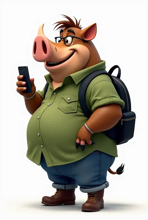 Pumba the Boar with a green shirt, blue pants, brown boots, a black backpack and a cell phone in his hand 