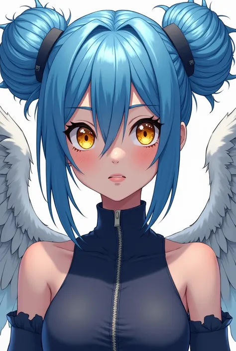 Create an illustration of a blue haired female Naruto character with two messy buns, angelic face in contrast to her strong personality, with big round yellow eyes, thin with no feminine attributes 