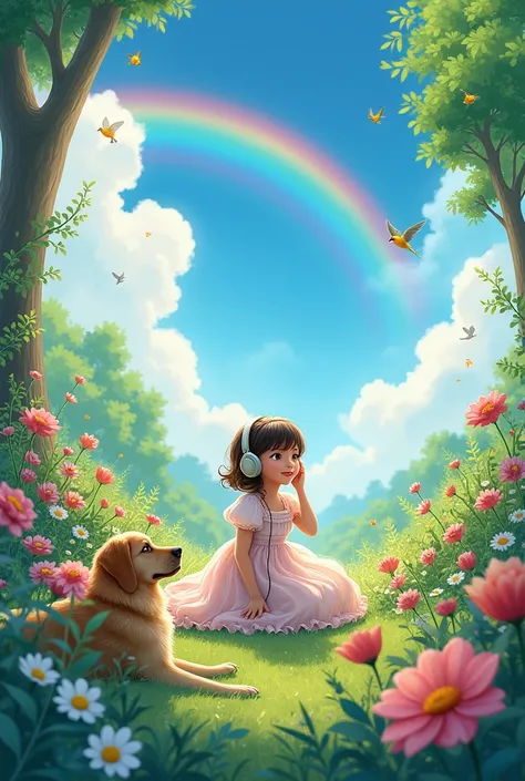 A girl in a beautiful garden listening music wearing a beautiful frock also birds and a dog are there sky is blue with a rainbow