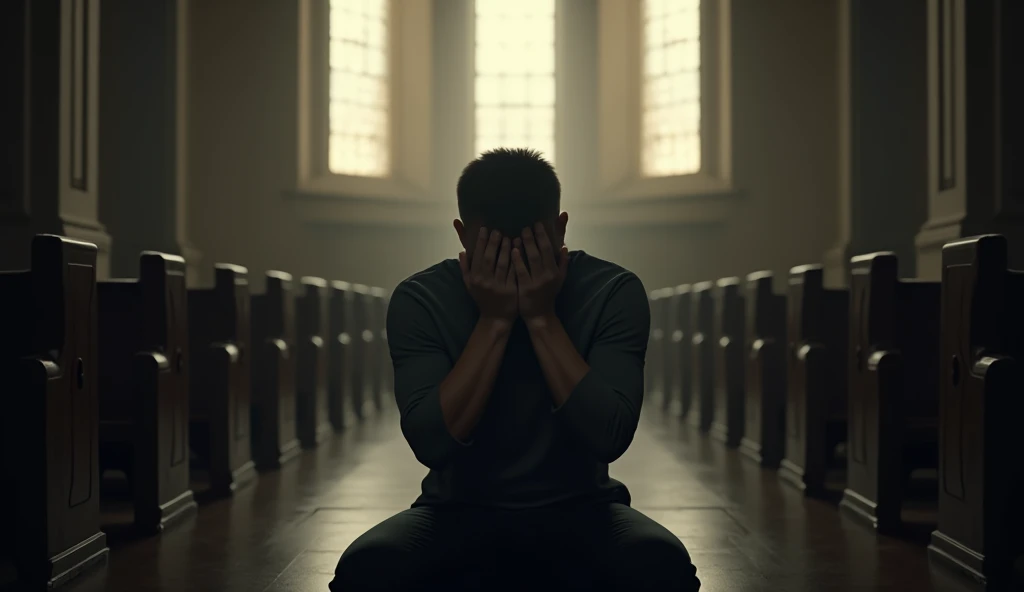 A person alone, sitting in a church pew, with their hands on their face, pondering what to do. The light streaming in through the windows behind her seems to indicate that there is a spiritual choice to be made between peace and conflict. 8k