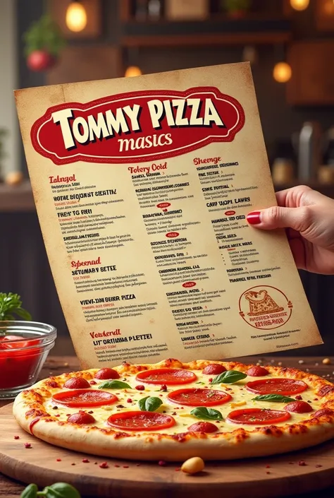 An American style pizza menu that has its logo saying Tommy Pizza and that has the pizzas available on the menu. Missing pizza and prices 